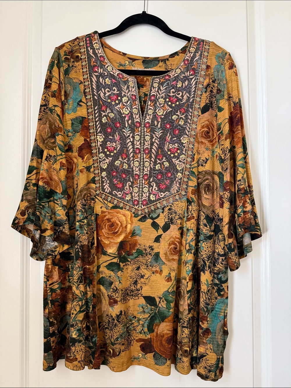 Soft Surroundings Tunic Top with Embroidered Placket and Bell Sleeves